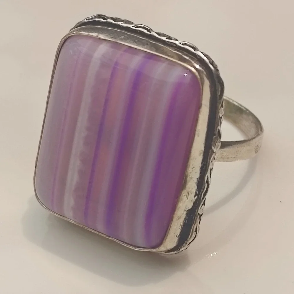 Sterling Silver 925 Purple Banded  Lace Agate Square Statement Ring Size 10.5
